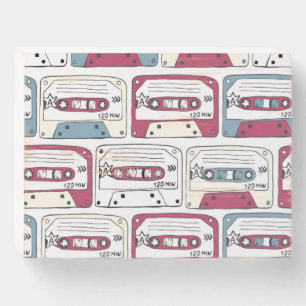Retro Music Cassettes: Rock Background Pattern Wooden Box Sign