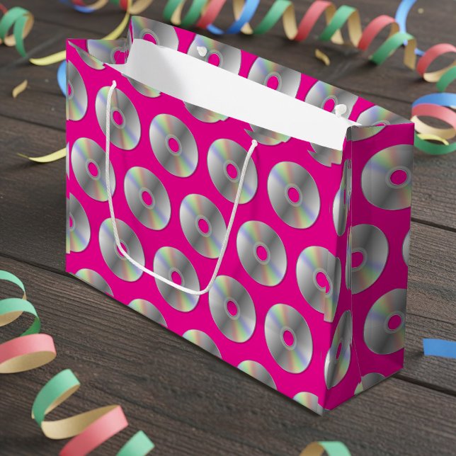 Retro Music CDs Pattern Hot Pink Large Gift Bag (Retro CD pattern gift bag just for you)