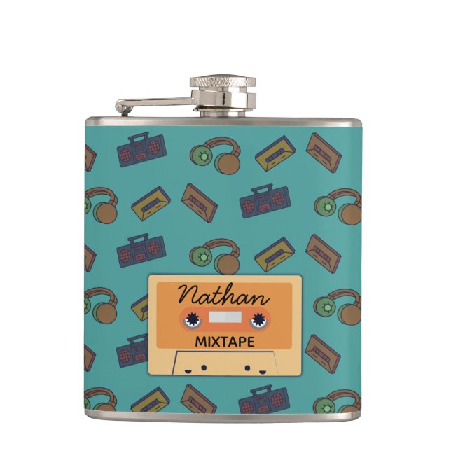 Retro Music Collage Mixtape Personalised Flask (Front)