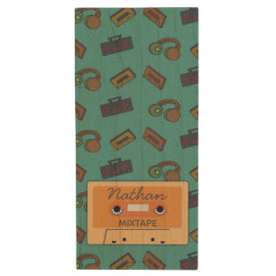 Retro Music Collage Mixtape Wood Flash Drive