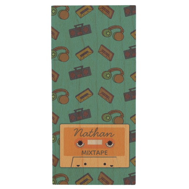 Retro Music Collage Mixtape Wood Flash Drive (Front Vertical)