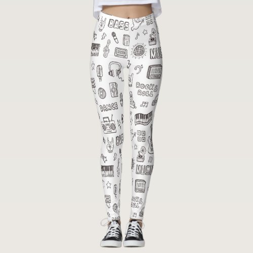 Retro Music Icons Doodle Pattern White Leggings