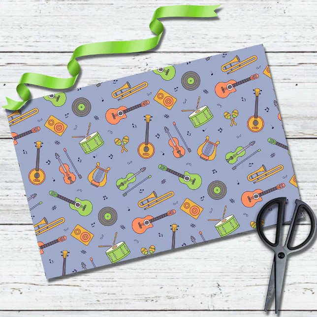Musical Instruments Tissue Retro Music Instrument Theme Pattern Purple Tissue Paper | Zazzle