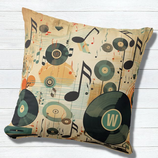 Retro Music Lover's Vinyl Music Notes Monogram Throw Pillow (Creator Uploaded)