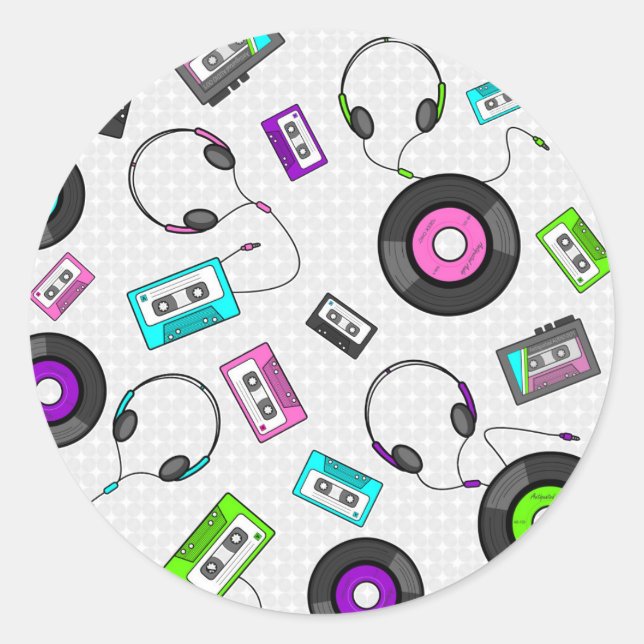 Retro Music Pattern Classic Round Sticker (Front)