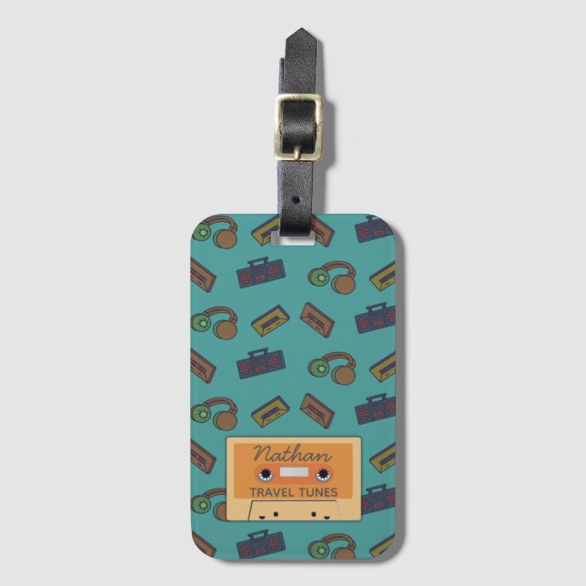 Retro Music Pattern Personalised Mixtape Luggage Tag (Front Vertical)