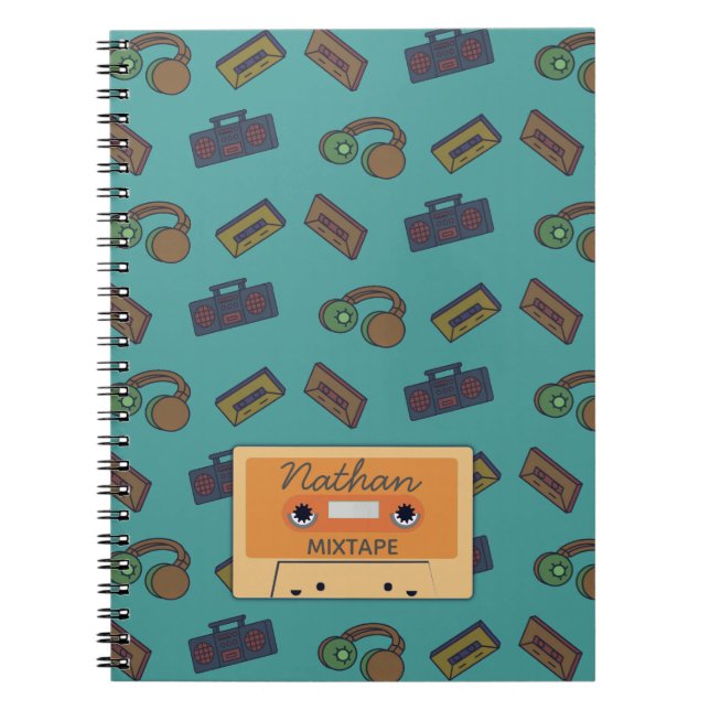 Retro Music Pattern Personalised Mixtape Notebook (Front)