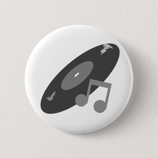 Retro Music Record & Note Grey Pinback Button (Front)