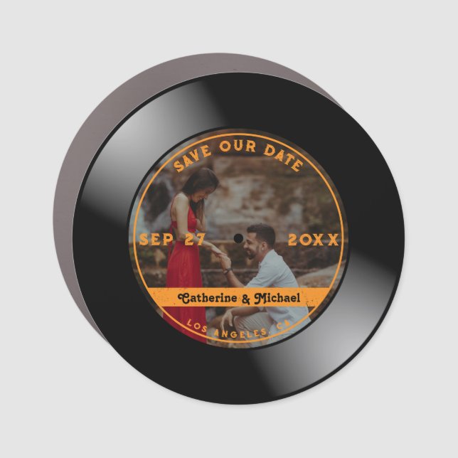 Retro Music Vinyl Record Photo Wedding Round  Car Magnet (Front)