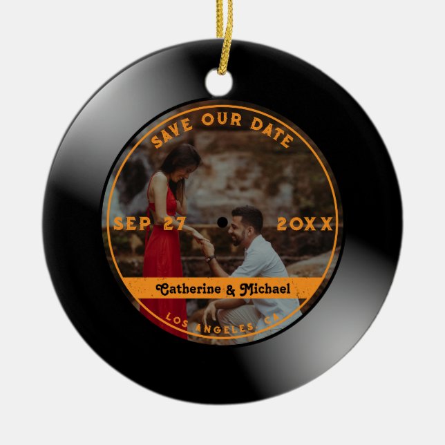 Retro Music Vinyl Record Photo Wedding Round  Ceramic Ornament (Front)