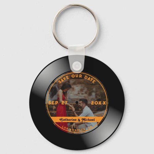 Retro Music Vinyl Record Photo Wedding Round  Keychain