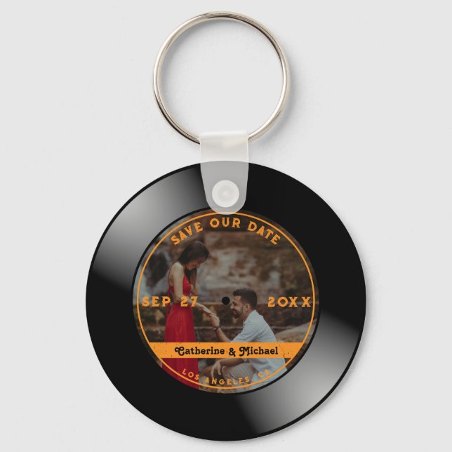 Retro Music Vinyl Record Photo Wedding Round  Keychain (Front)