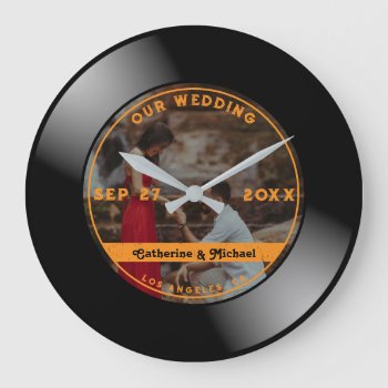 Retro Music Vinyl Record Photo Wedding Round Large Clock by Illusion_factory at Zazzle