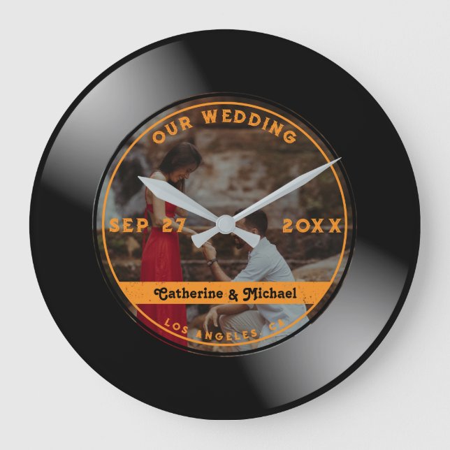 Retro Music Vinyl Record Photo Wedding Round Large Clock (Front)