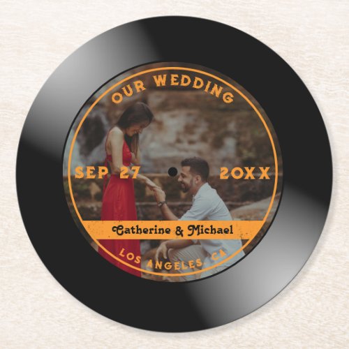 Retro Music Vinyl Record Photo Wedding  Round Paper Coaster