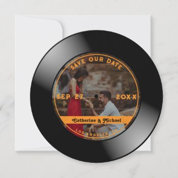 Retro Music Vinyl Record Photo Wedding Round Save The Date by Illusion_factory at Zazzle