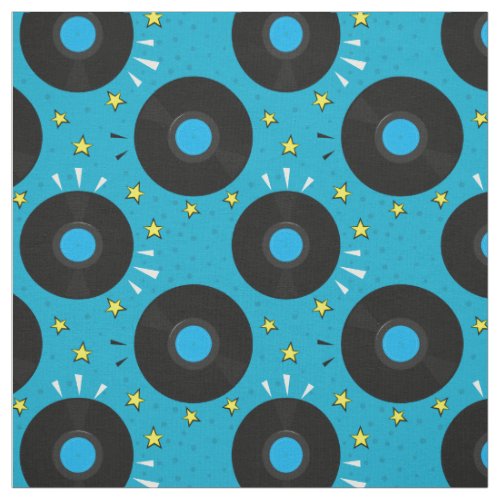 Retro Music Vinyl Records Pattern on Blue Fabric