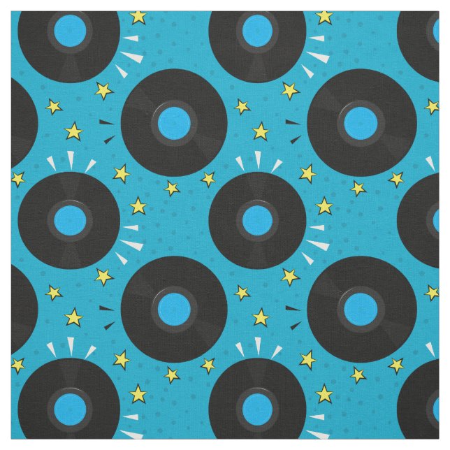 Retro Music Vinyl Records Pattern on Blue Fabric (Swatch)