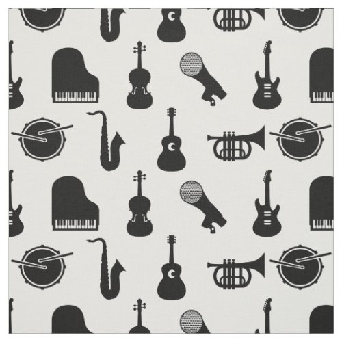 Retro Musical Instrument Icons Black  White Music Fabric