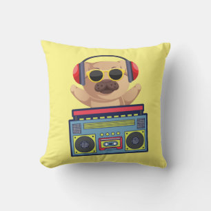 RETRO MUSICAL PUG AND CASSETTE PLAYER THROW PILLOW