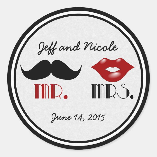 Retro Mustache Custom Wedding Classic Round Sticker (Front)