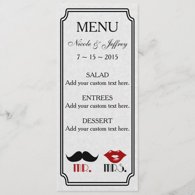 Retro Mustache Custom Wedding Menu (Front)