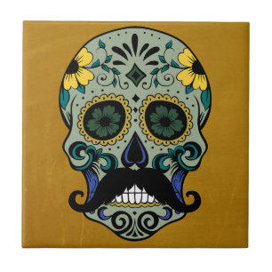 Retro Mustache Day of the Dead Sugar Skull Ceramic Tile