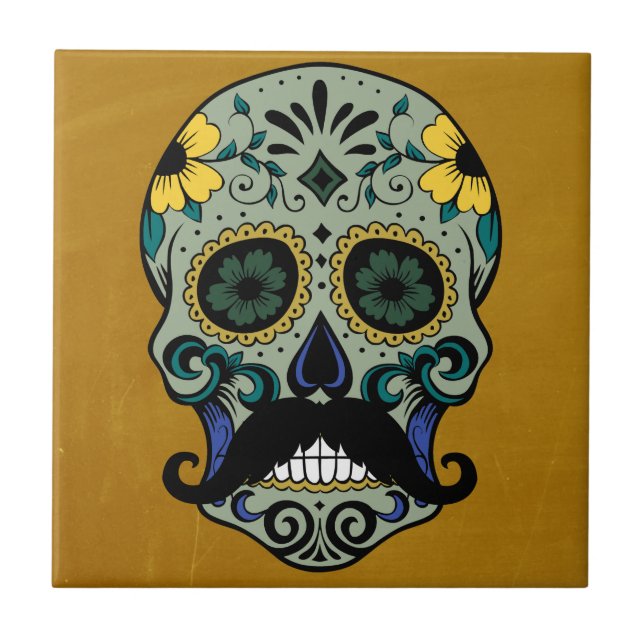 Retro Mustache Day of the Dead Sugar Skull Ceramic Tile (Front)