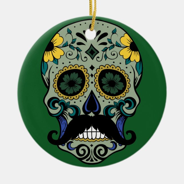 Retro Mustache Sugar Skull Ceramic Ornament (Front)