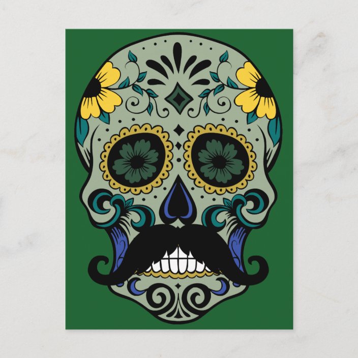 Retro Mustache Sugar Skull Postcard