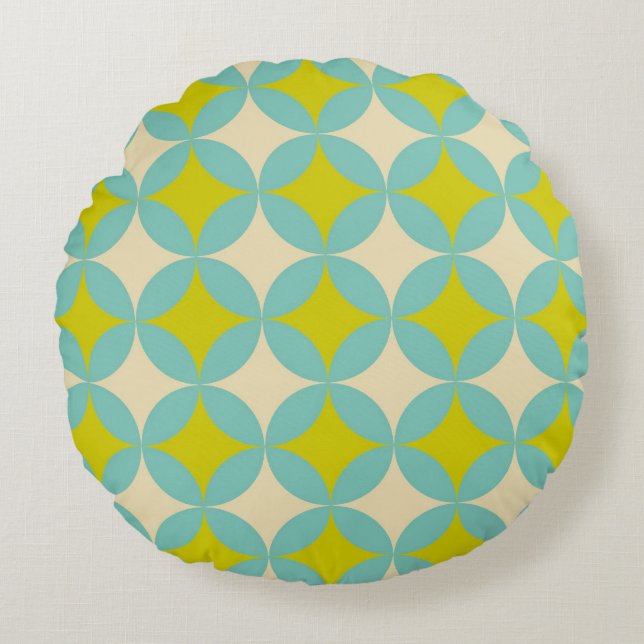 Retro Mustard and Teal Geometric Circle Pattern Round Pillow (Front)