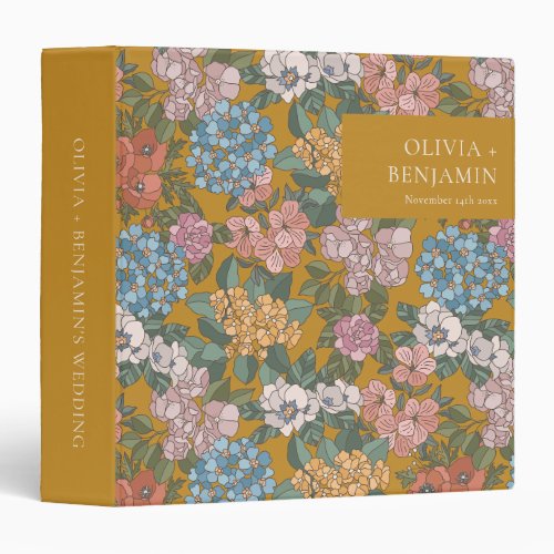 Retro Mustard Floral Personalized Wedding Album 3 Ring Binder