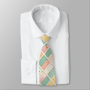 Retro Mustard Geometric Diamond Plaid Dot Neck Tie