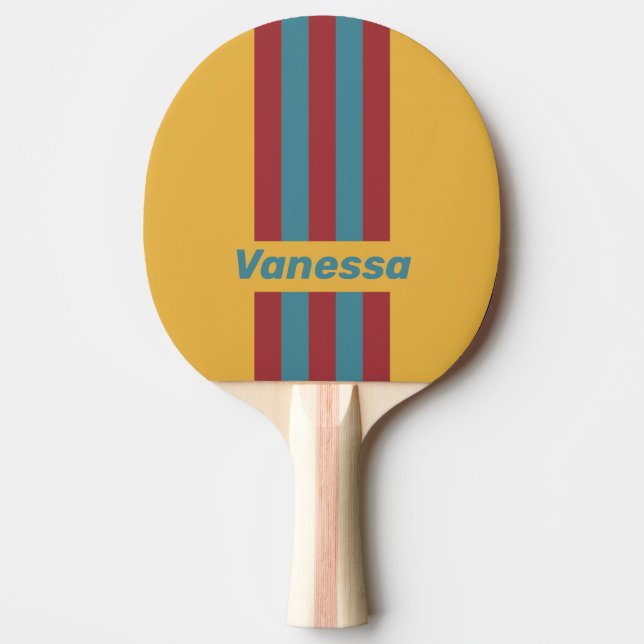 Retro Mustard Seed Pin Stripes with Name Ping Pong Paddle (Front)