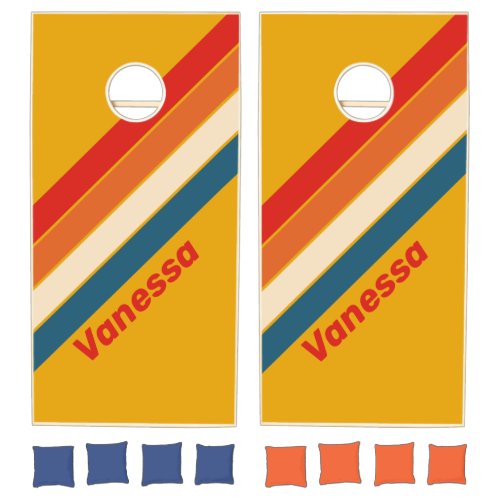 Retro Mustard Striped with Name Cornhole Set