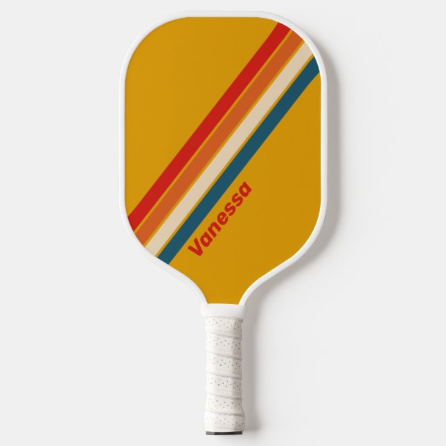 Retro Mustard Striped with Name Pickleball Paddle (Front)