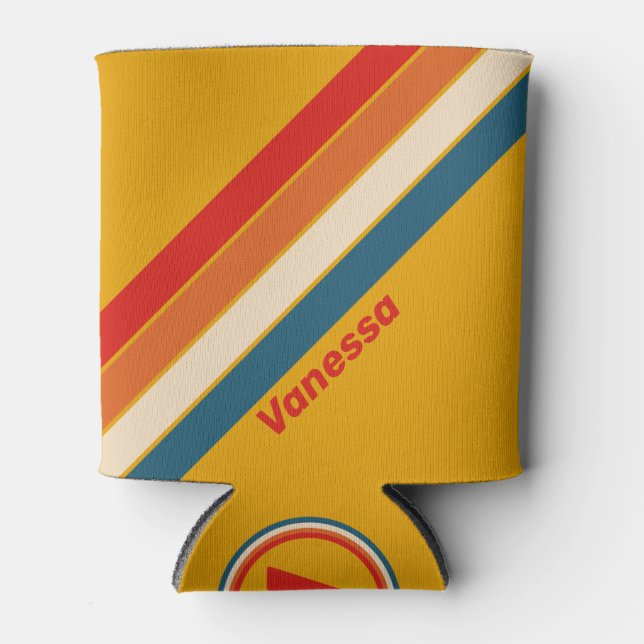 Retro Mustard Stripes with Name Can Cooler (Front)