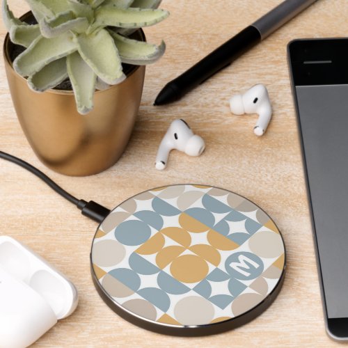 Retro Mustard Taupe Gray Blue Retro Popart Pattern Wireless Charger