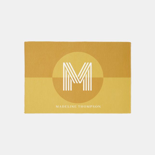 Retro Mustard Yellow Geometric Modern Monogram Outdoor Rug (Front)