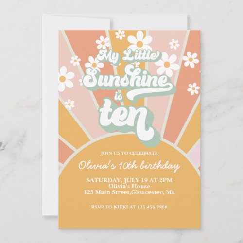 Retro My Little Sunshine daisy 10th birthday Invitation