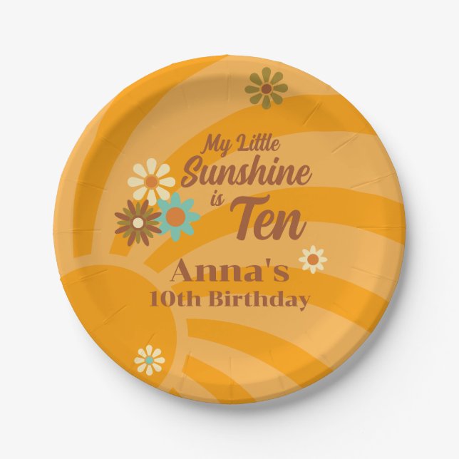 Retro My Little Sunshine daisy 10th birthday Paper Plates (Front)