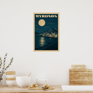 Retro Mykonos Moon Vintage Art Deco Style Travel Poster