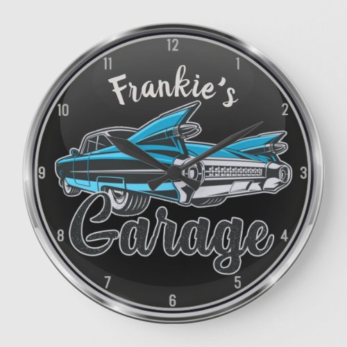 Retro NAME Blue Caddy Vintage Classic Car Garage Large Clock