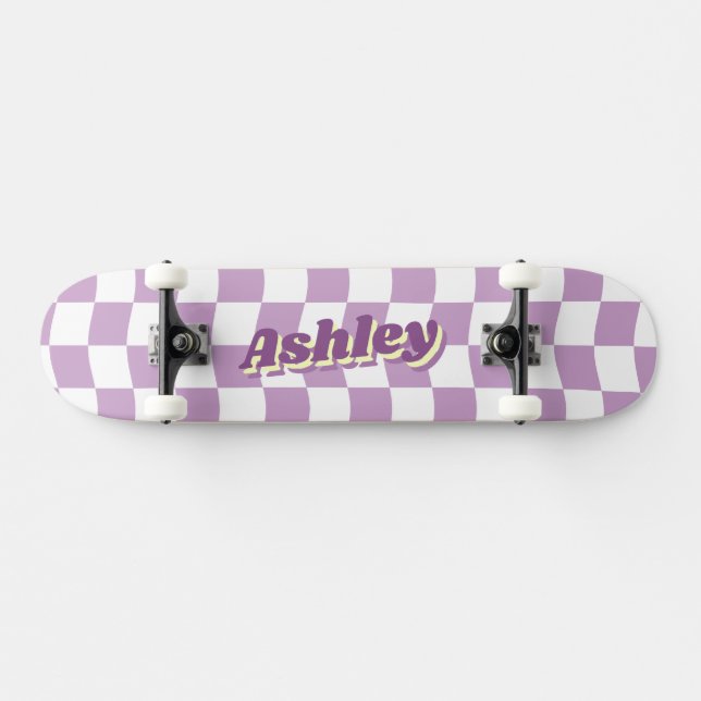 Retro Name Girly Purple White Checker Pattern Skateboard (Horz)