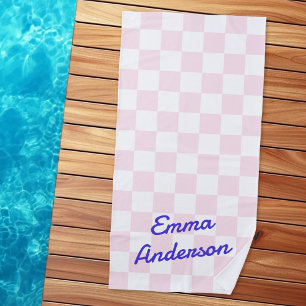 Retro name light pink white checkerboard pattern beach towel