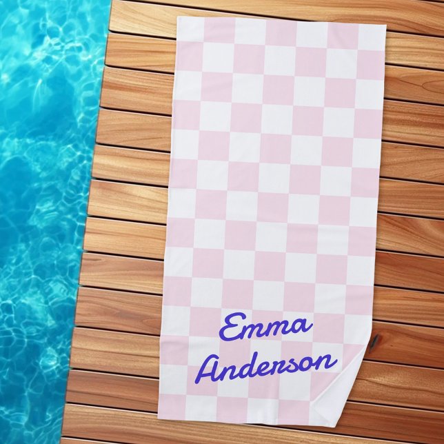 Retro name light pink white checkerboard pattern beach towel (Retro name light pink white checkerboard pattern beach towel)