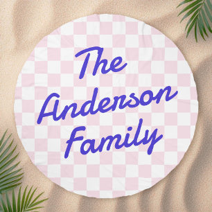 Retro name light pink white checkerboard pattern beach towel