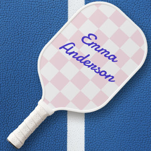 Retro name light pink white checkerboard pattern pickleball paddle