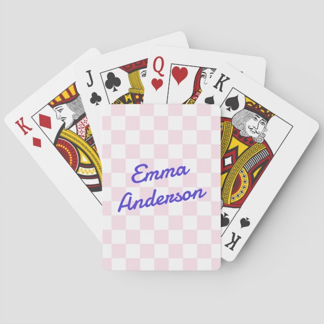 Retro name light pink white checkerboard pattern poker cards (Back)