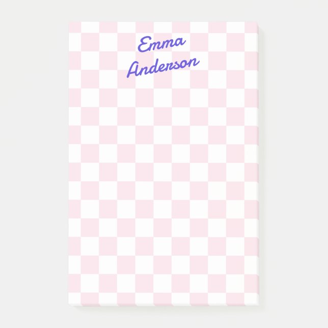 Retro name light pink white checkerboard pattern post-it notes (Front)